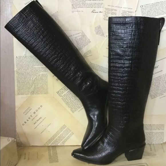 Urban Outfitters Vagabond Shoemakers Betsy Knee High Boot Black Leather Croc - Picture 2 of 7